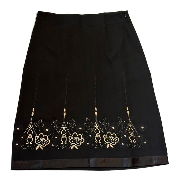 Dark Academia Black Gold Embroidery Skirt Size 4 A-line Side Zip Whimsy Preppy - Picture 1 of 9